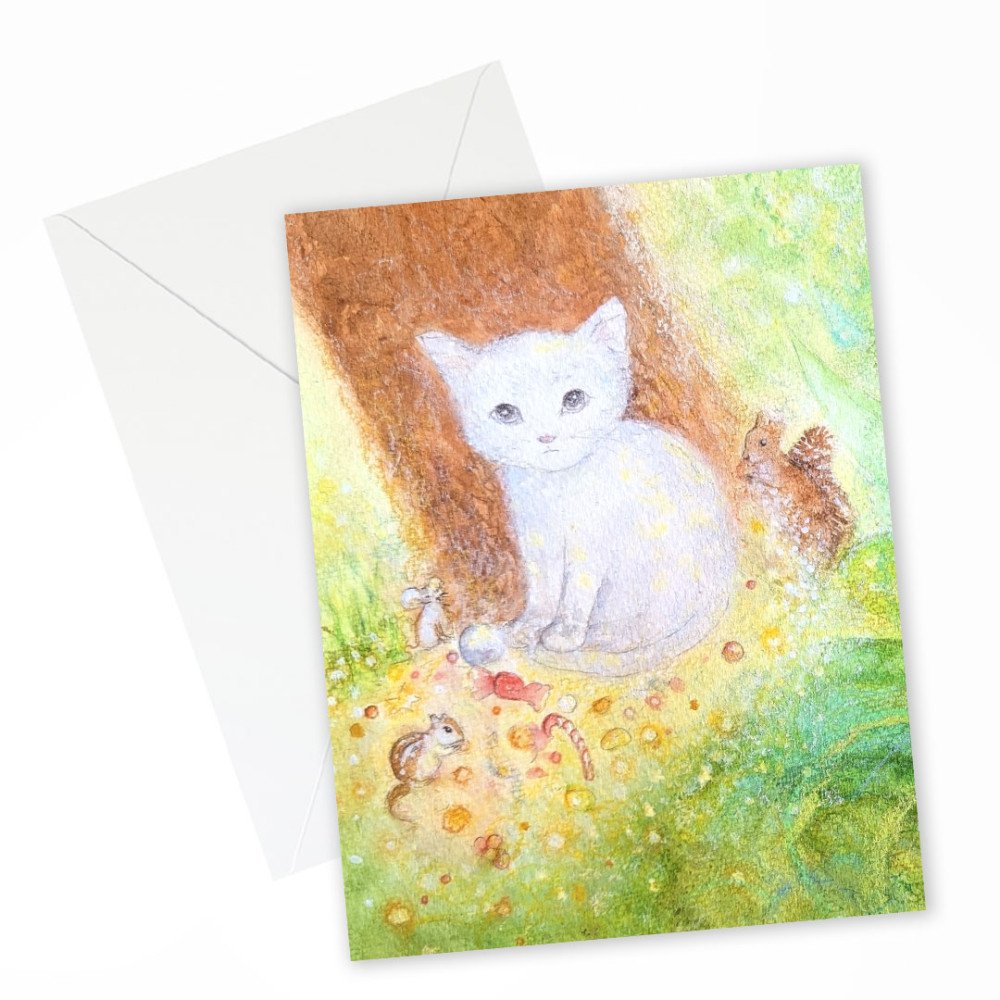 White Cat in Forest Greeting Card.